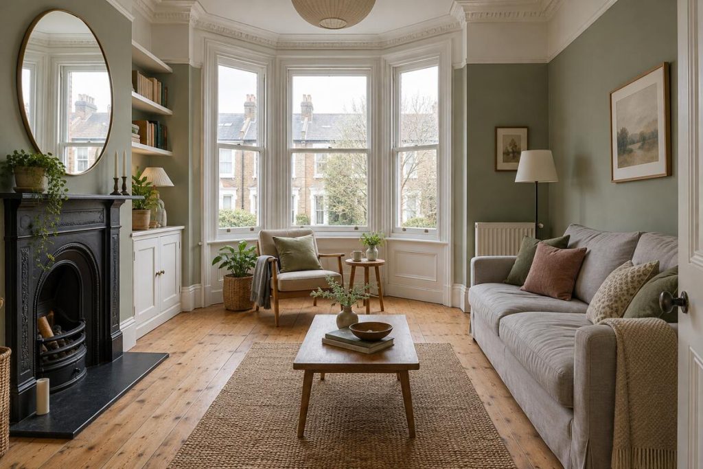 Living room in a Victorian mid-terrace, sage and stripped pine