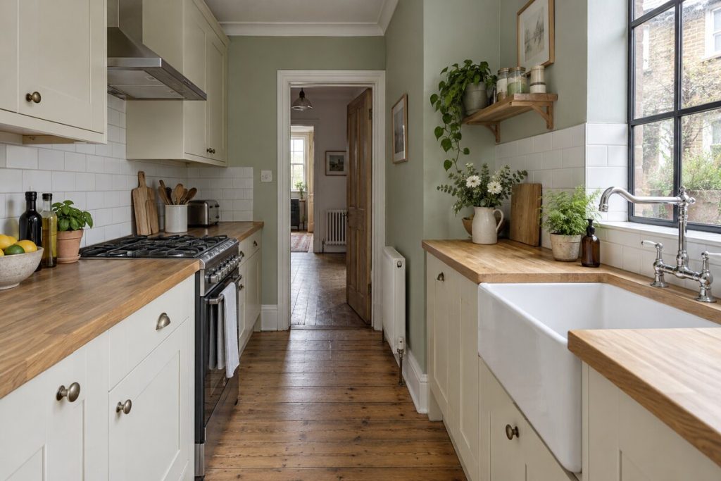 Kitchen in a Victorian mid-terrace, sage and stripped pine