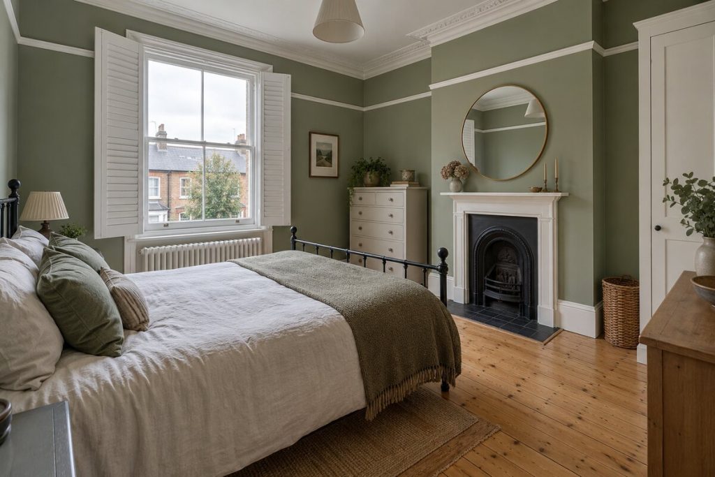 Bedroom in a Victorian mid-terrace, sage and stripped pine