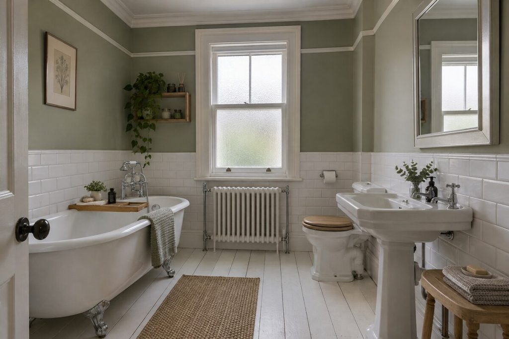 Bathroom in a Victorian mid-terrace, sage and stripped pine