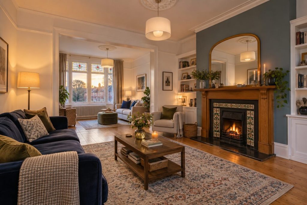 Living room in a Edwardian semi, warm white and oak parquet-style boards, evening light