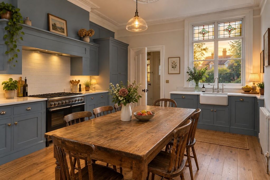 Kitchen in a Edwardian semi, warm white and oak parquet-style boards, evening light