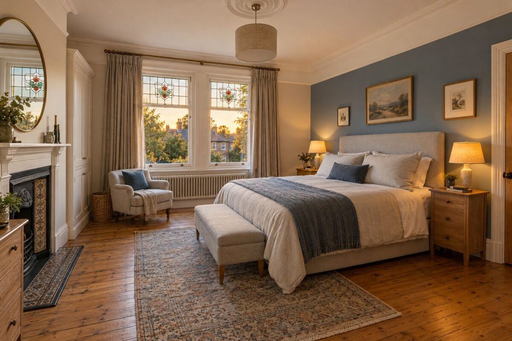 Bedroom in a Edwardian semi, warm white and oak parquet-style boards, evening light