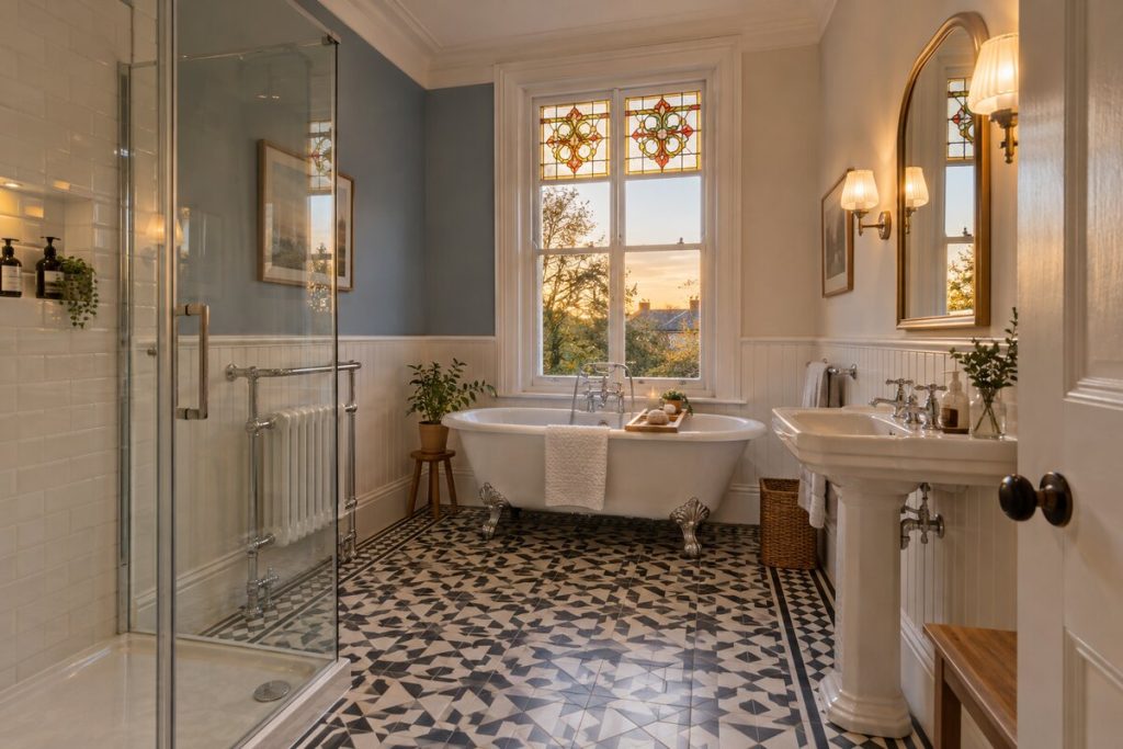 Bathroom in a Edwardian semi, warm white and oak parquet-style boards, evening light