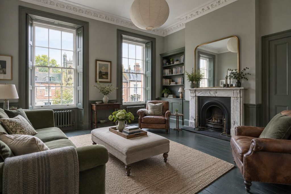 Living room in a Georgian townhouse, deep greens and painted boards