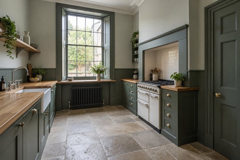 Kitchen in a Georgian townhouse, deep greens and painted boards