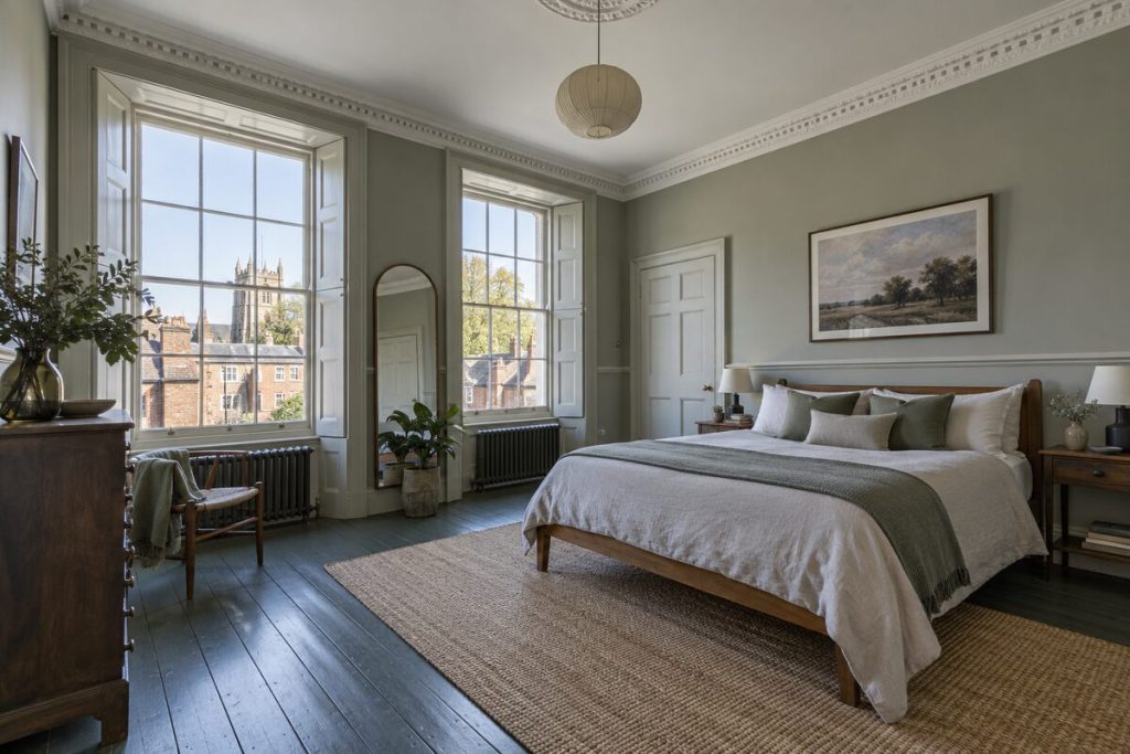 Bedroom in a Georgian townhouse, deep greens and painted boards