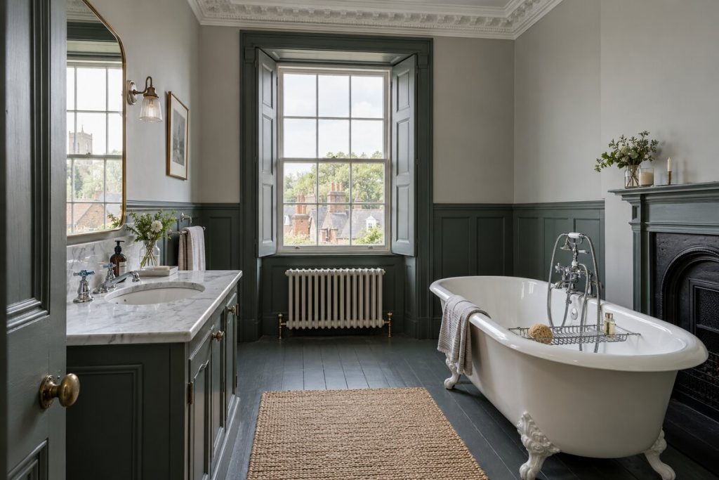 Bathroom in a Georgian townhouse, deep greens and painted boards