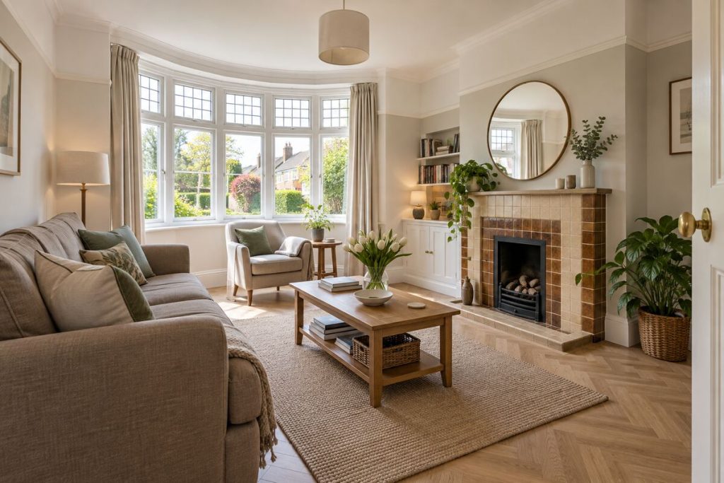 Living room in a 1930s semi, original features, neutral with pastel accents