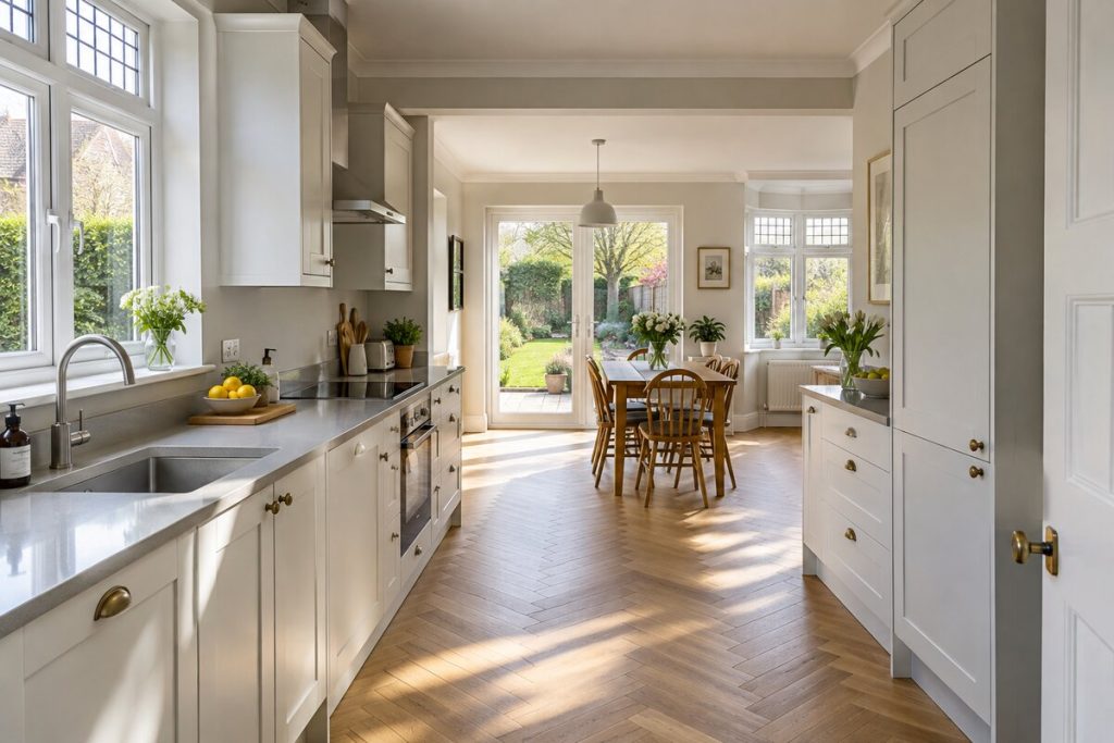 Kitchen in a 1930s semi, original features, neutral with pastel accents