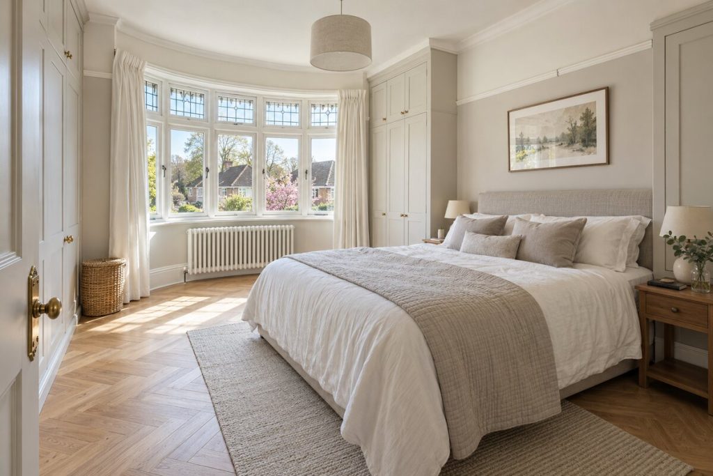 Bedroom in a 1930s semi, original features, neutral with pastel accents