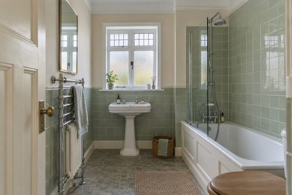 Bathroom in a 1930s semi, original features, neutral with pastel accents