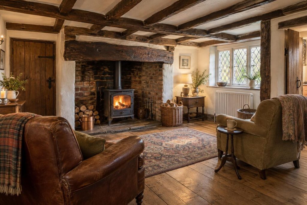 Living room in a Surrey cottage, low beams and inglenook