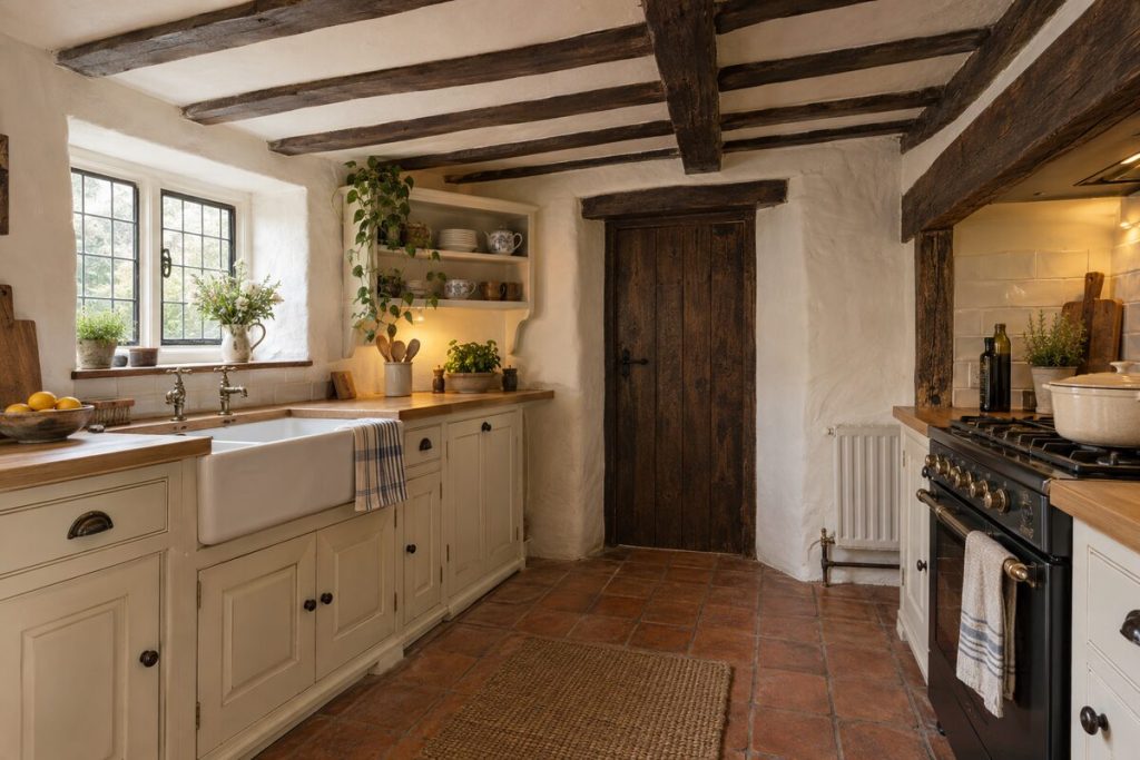 Kitchen in a Surrey cottage, low beams and inglenook