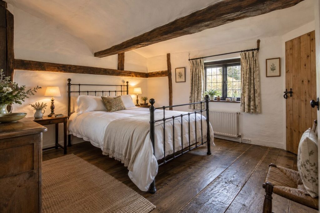 Bedroom in a Surrey cottage, low beams and inglenook