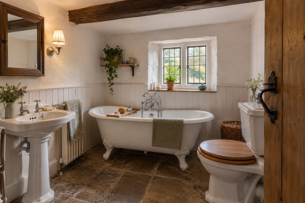 Bathroom in a Surrey cottage, low beams and inglenook