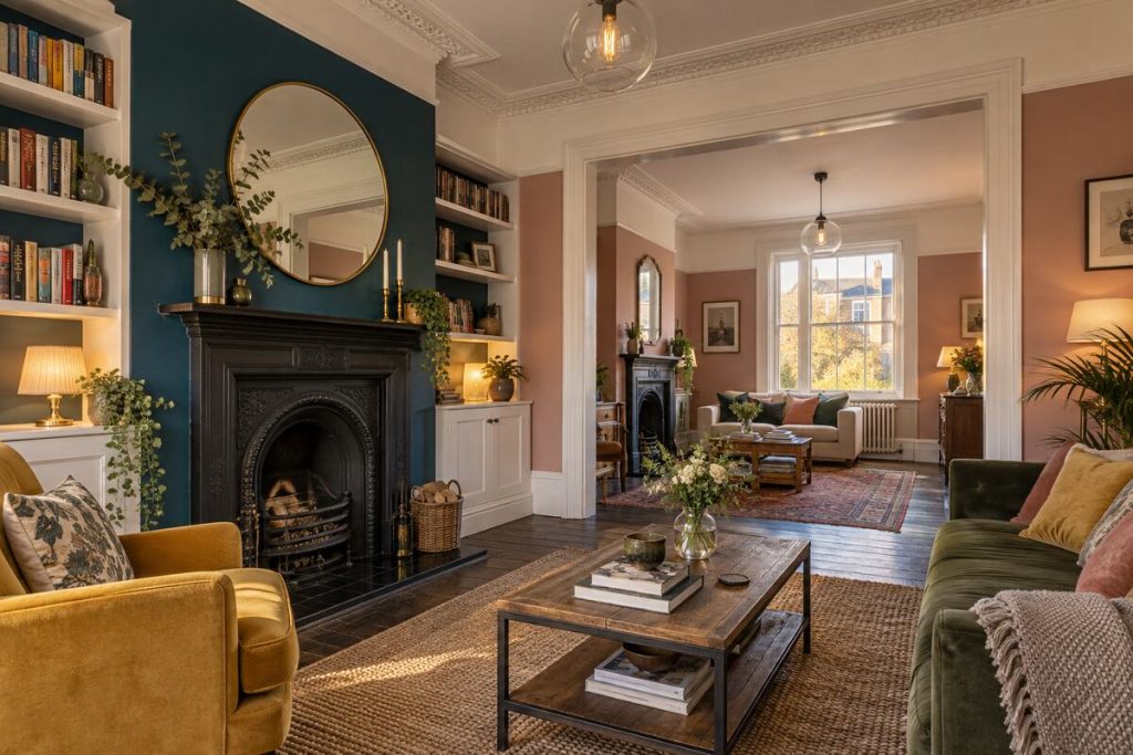 Living room in a Victorian terrace, bold painted walls and encaustic tiles