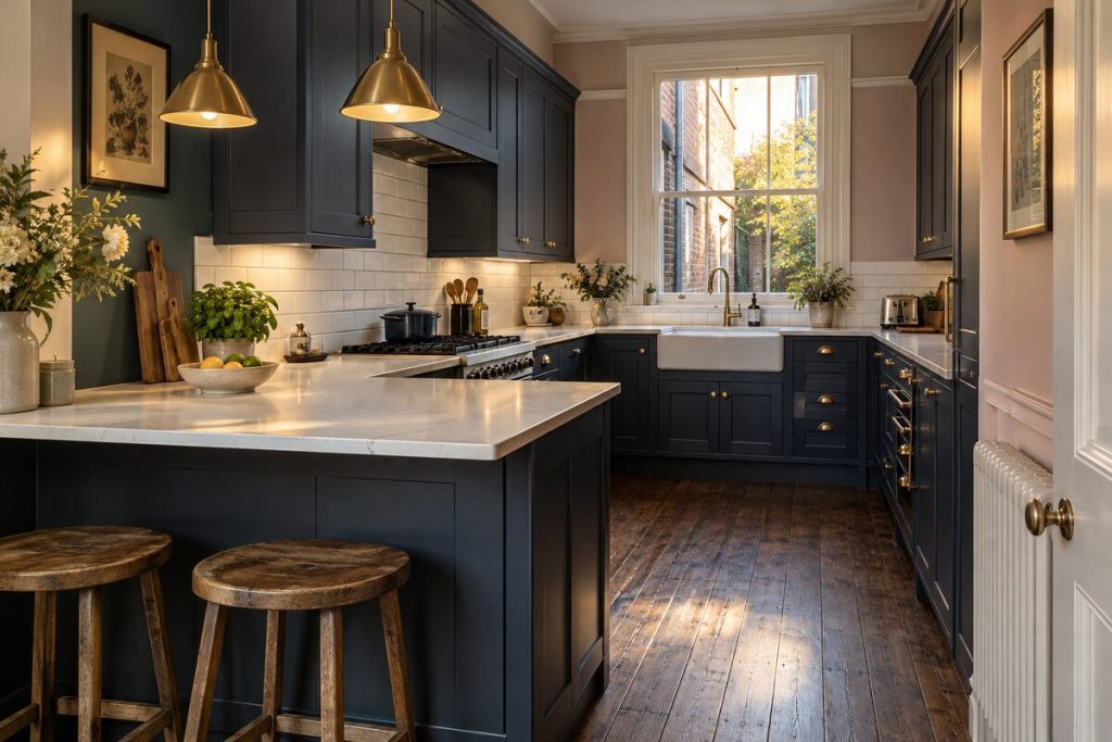 Kitchen in a Victorian terrace, bold painted walls and encaustic tiles