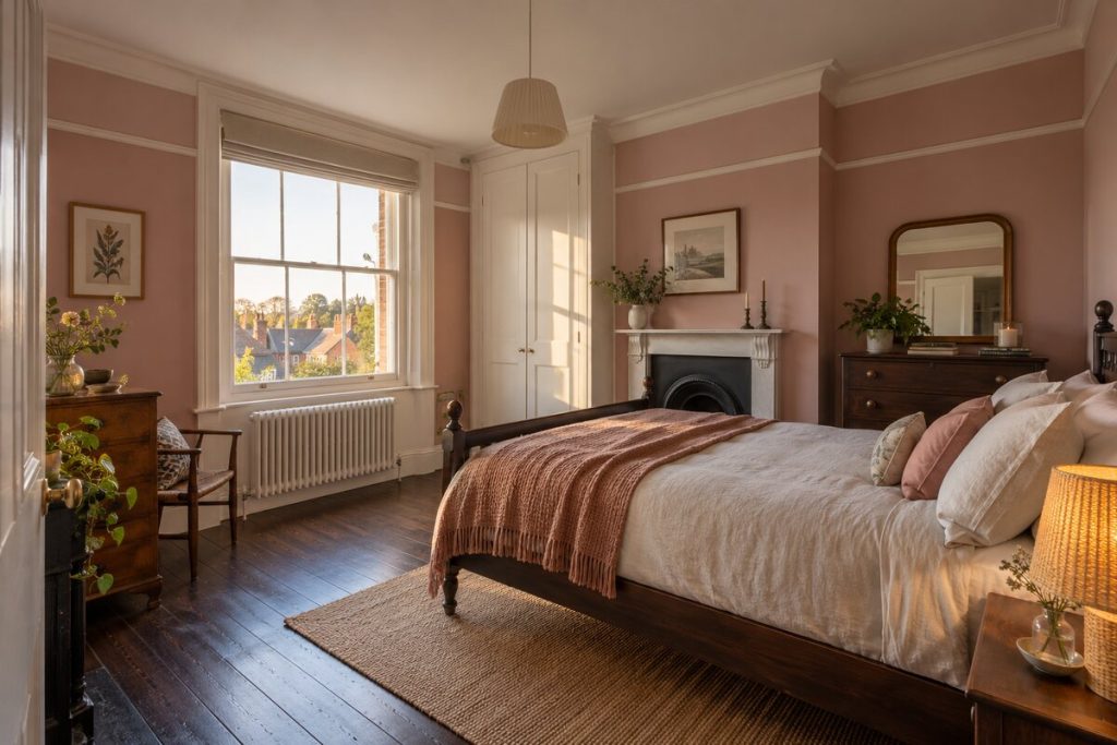 Bedroom in a Victorian terrace, bold painted walls and encaustic tiles