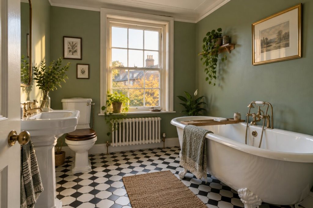 Bathroom in a Victorian terrace, bold painted walls and encaustic tiles