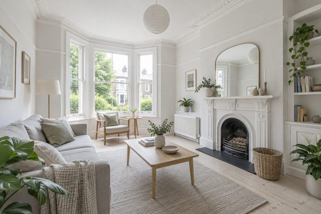 Living room in a Edwardian terrace, light and airy, whitewashed boards