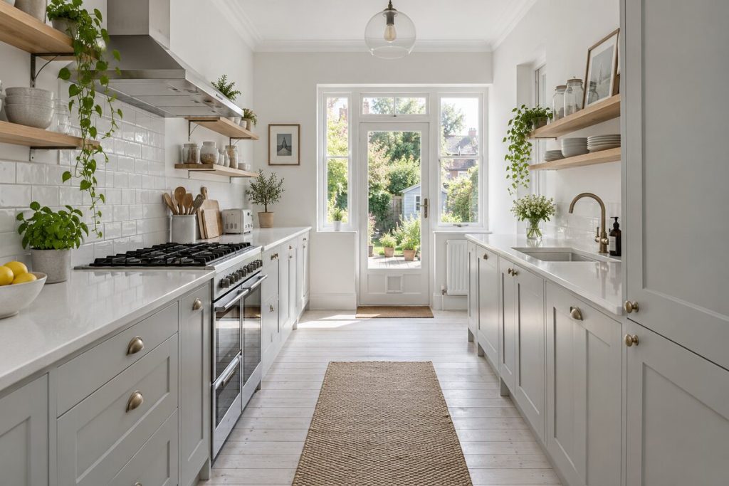 Kitchen in a Edwardian terrace, light and airy, whitewashed boards