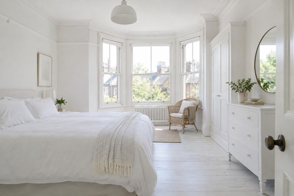 Bedroom in a Edwardian terrace, light and airy, whitewashed boards