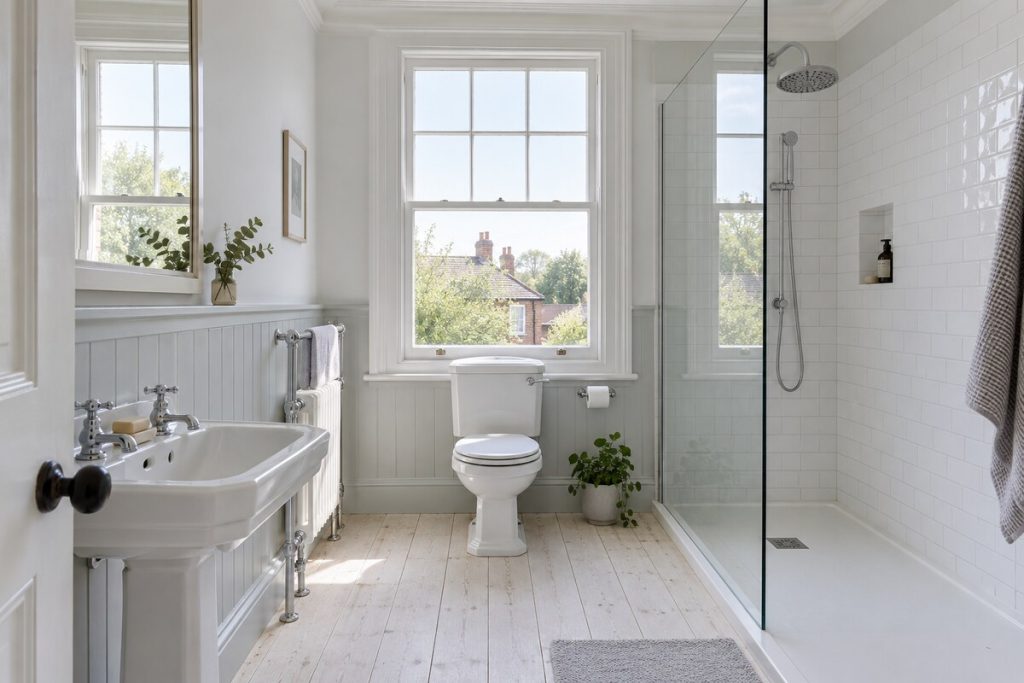 Bathroom in a Edwardian terrace, light and airy, whitewashed boards