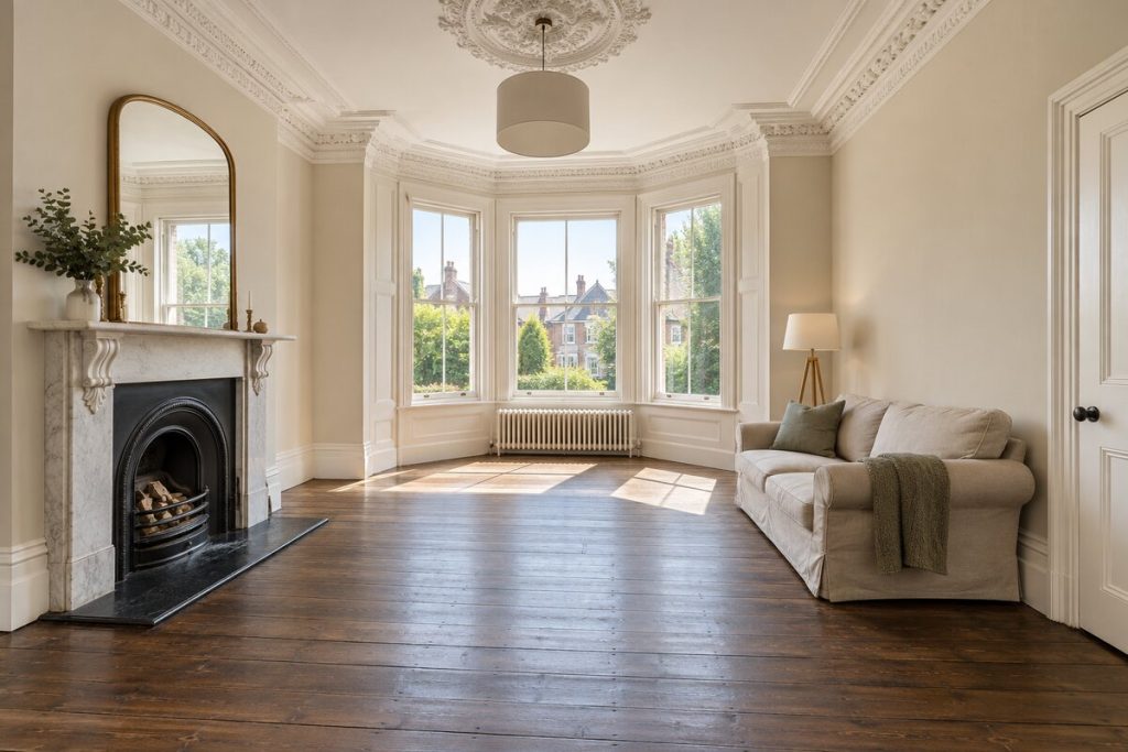 Living room in a Victorian semi, grand proportions, bare floorboards, minimal furnishing