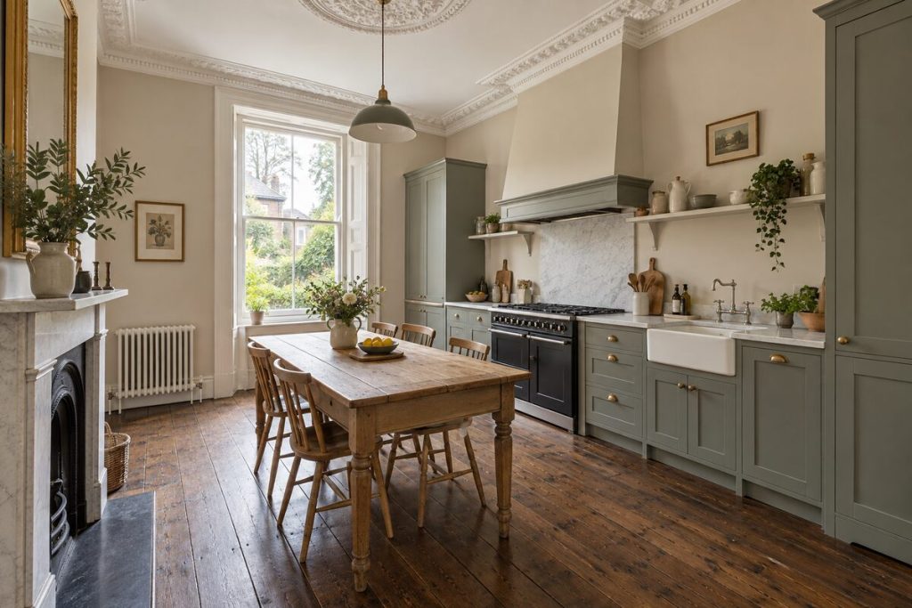 Kitchen in a Victorian semi, grand proportions, bare floorboards, minimal furnishing
