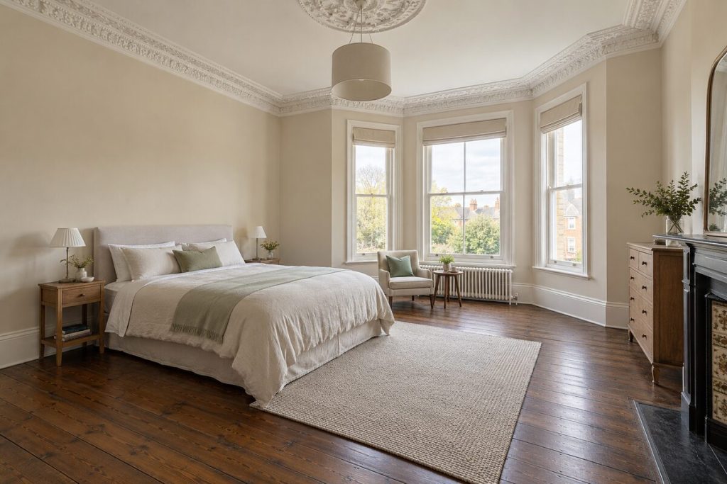 Bedroom in a Victorian semi, grand proportions, bare floorboards, minimal furnishing