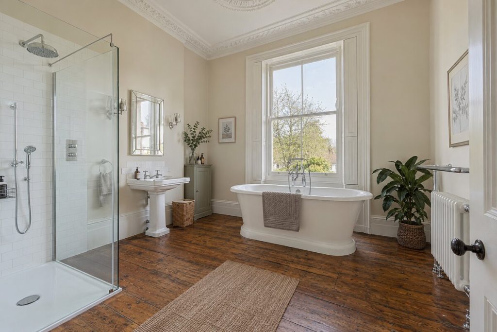 Bathroom in a Victorian semi, grand proportions, bare floorboards, minimal furnishing