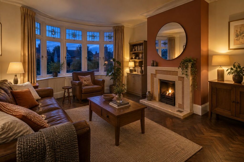 Living room in a 1930s semi, wood-panelled hall style, brown tones, evening