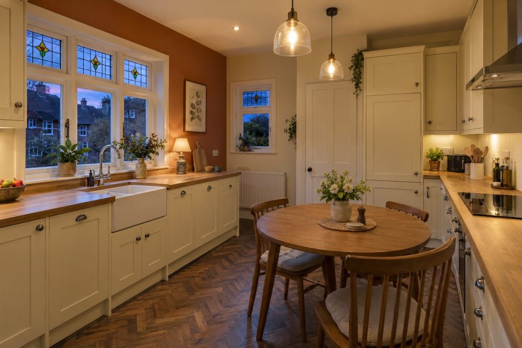 Kitchen in a 1930s semi, wood-panelled hall style, brown tones, evening