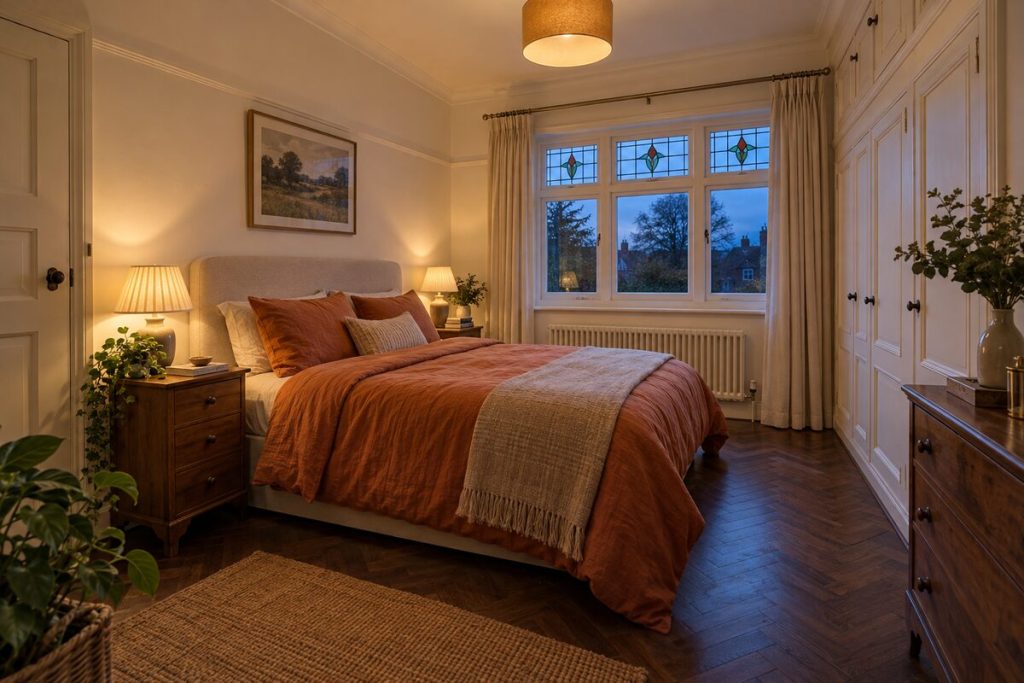 Bedroom in a 1930s semi, wood-panelled hall style, brown tones, evening