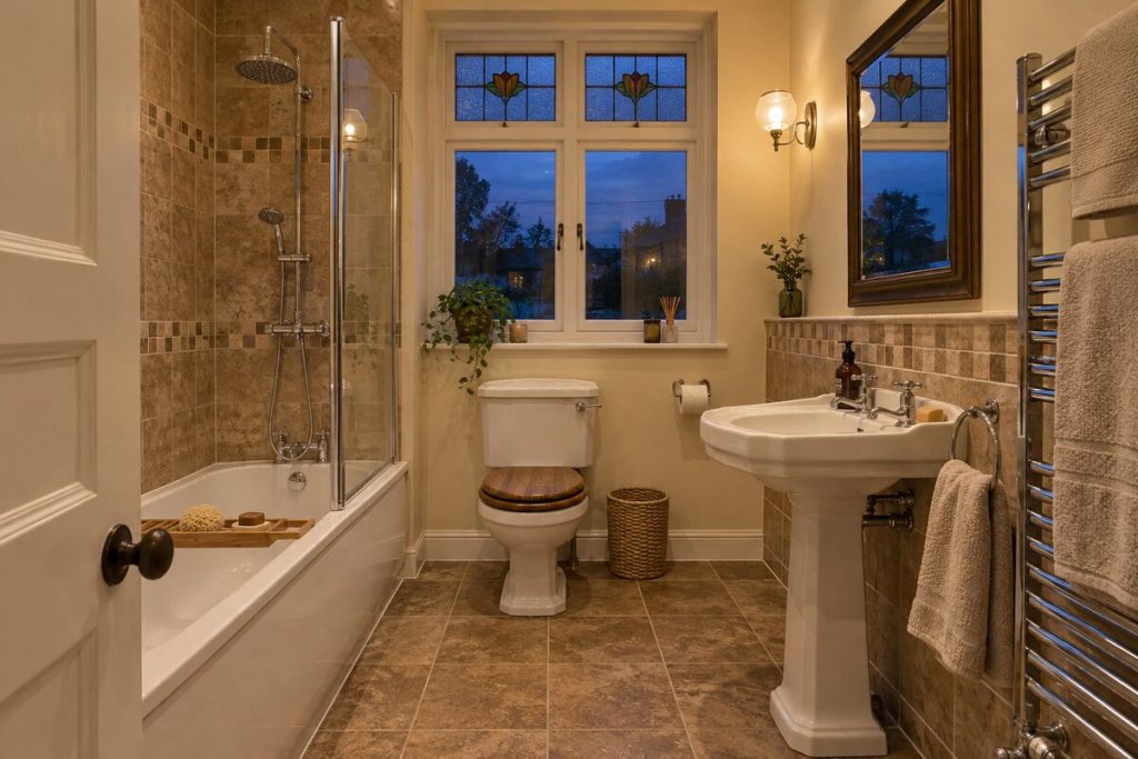 Bathroom in a 1930s semi, wood-panelled hall style, brown tones, evening