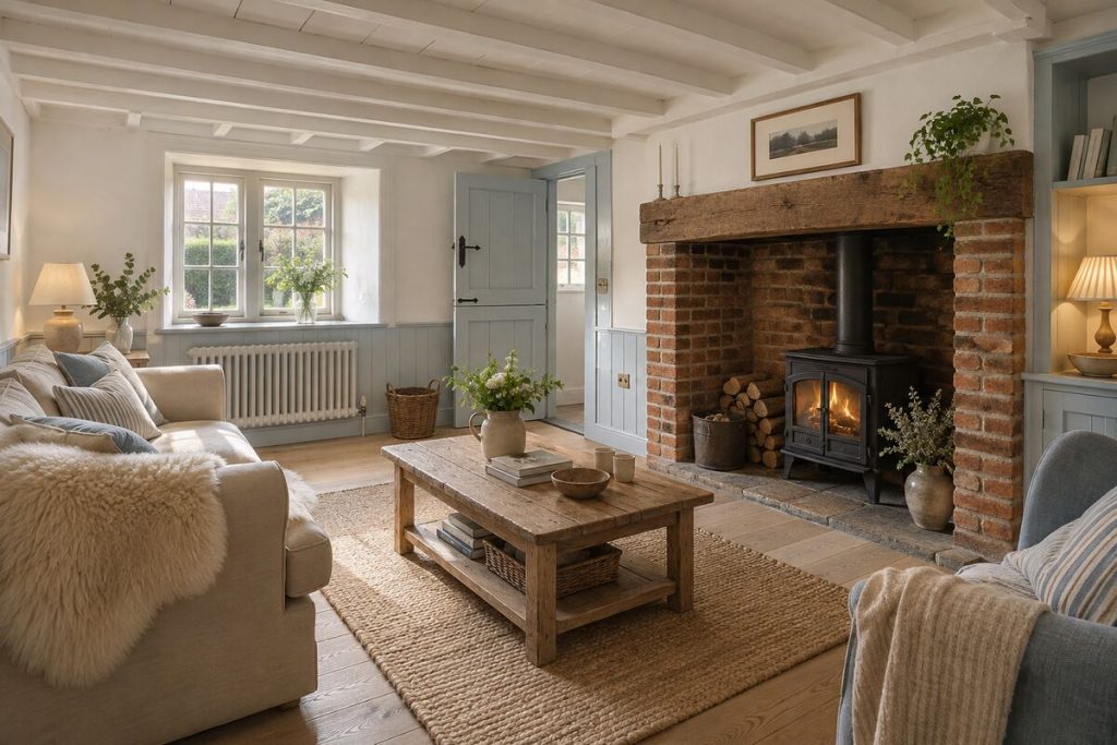 Living room in a Surrey cottage, white painted beams, pale blue accents