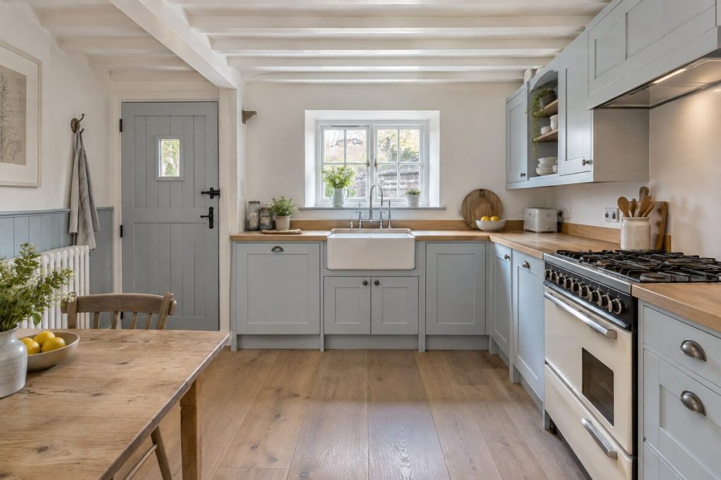 Kitchen in a Surrey cottage, white painted beams, pale blue accents