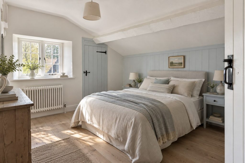 Bedroom in a Surrey cottage, white painted beams, pale blue accents