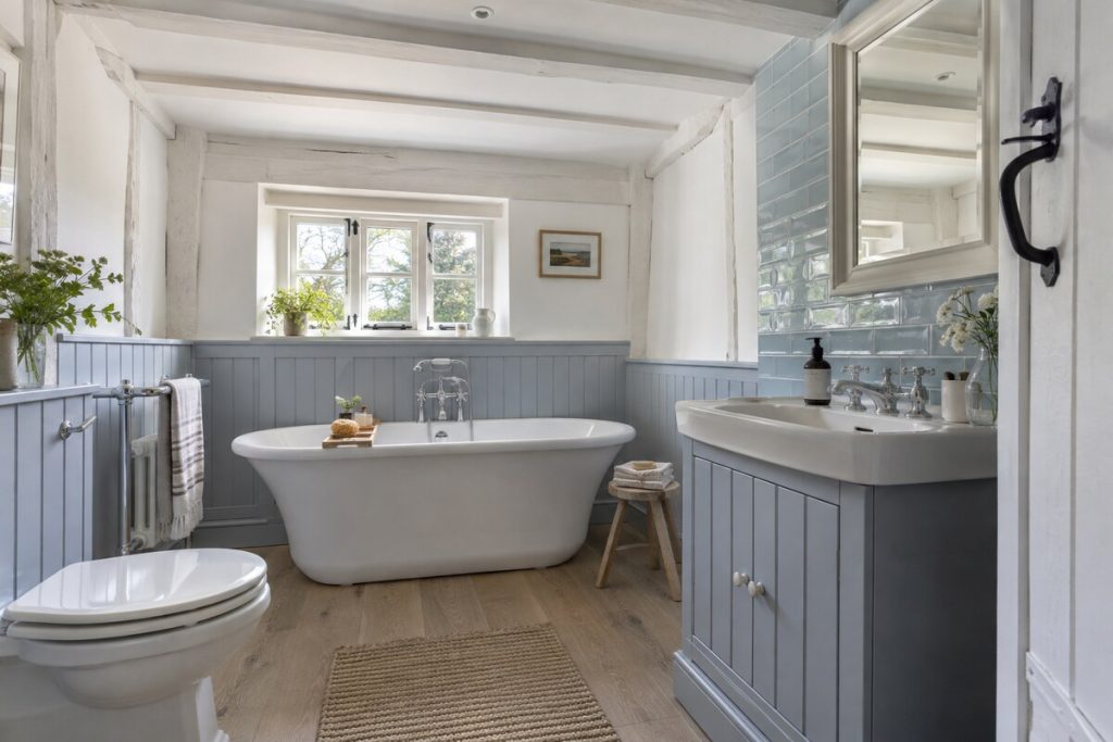 Bathroom in a Surrey cottage, white painted beams, pale blue accents