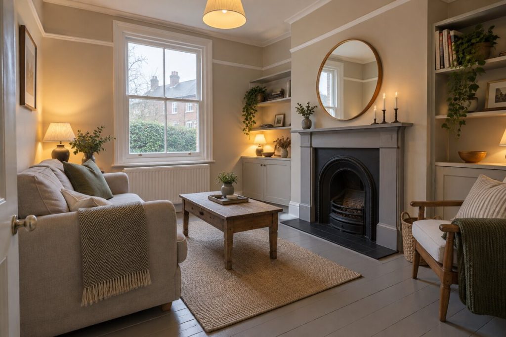 Living room in a Victorian terrace, tight and modest, original tiled hall style