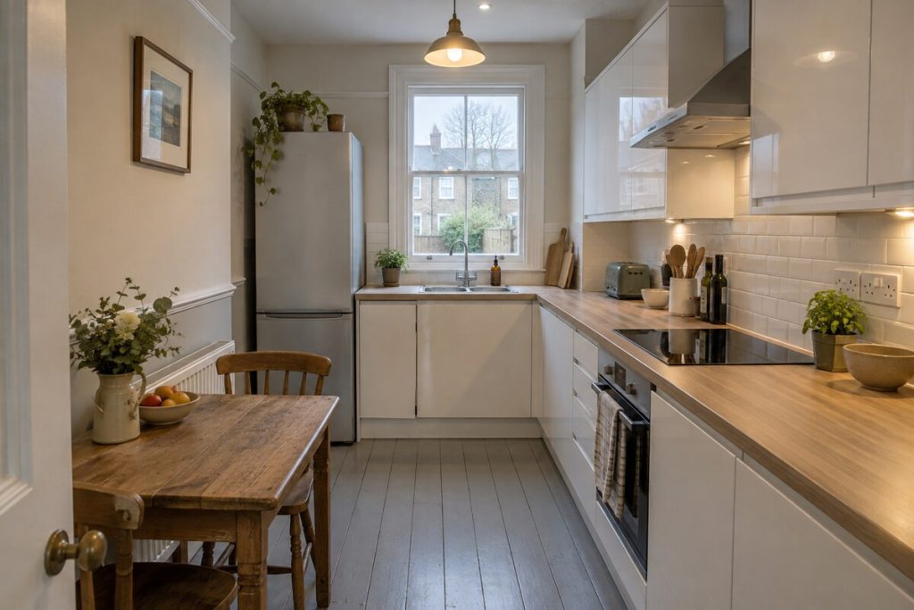 Kitchen in a Victorian terrace, tight and modest, original tiled hall style