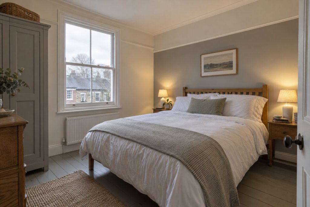 Bedroom in a Victorian terrace, tight and modest, original tiled hall style