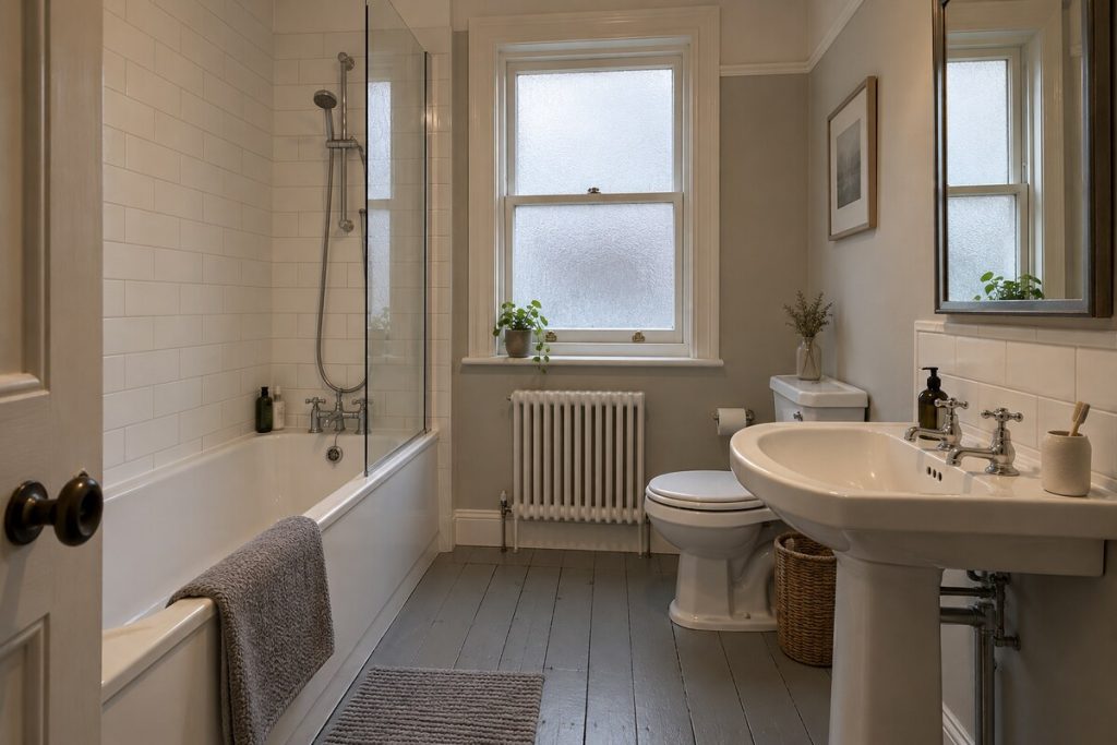 Bathroom in a Victorian terrace, tight and modest, original tiled hall style