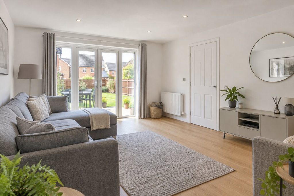 Living room in a 2010s new-build house, grey and oak, modest
