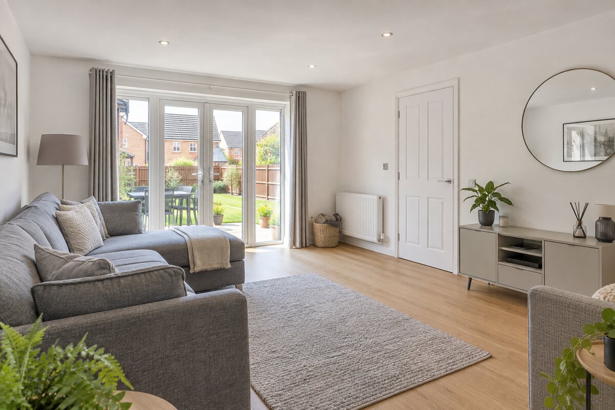 Living room in a 2010s new-build house, grey and oak, modest