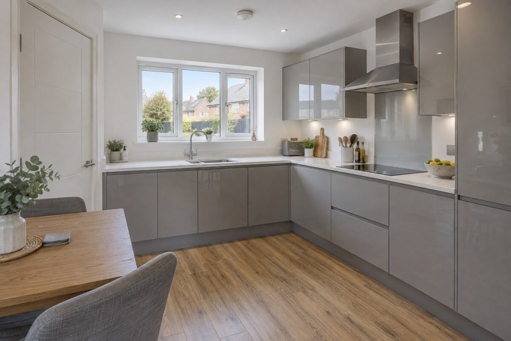 Kitchen in a 2010s new-build house, grey and oak, modest