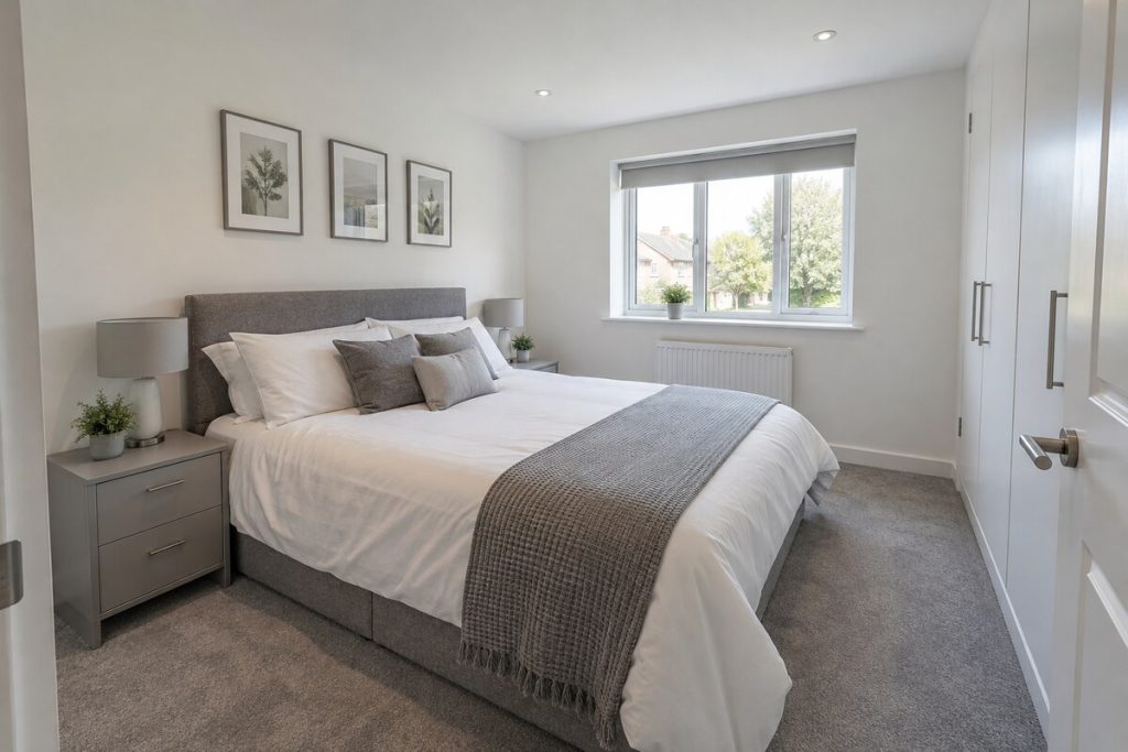Bedroom in a 2010s new-build house, grey and oak, modest