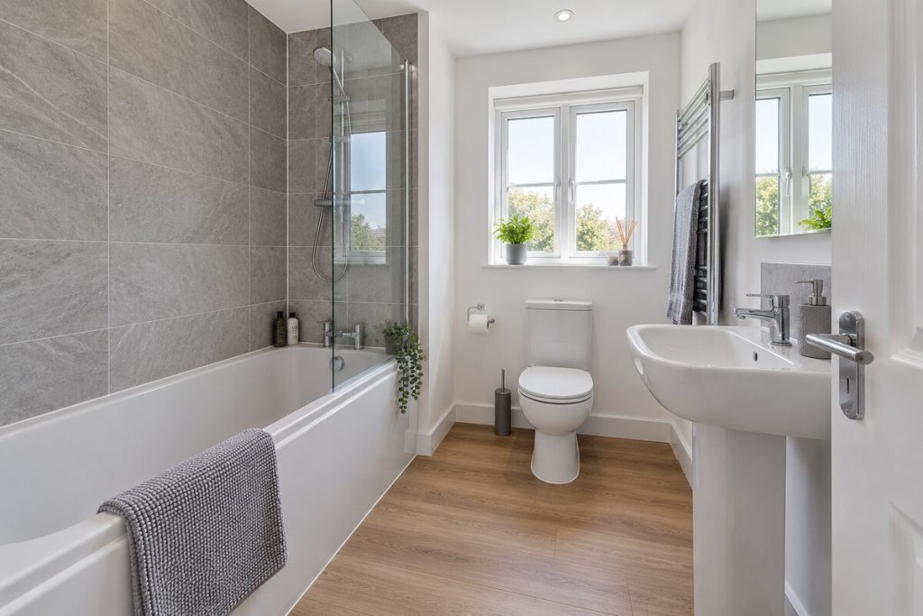 Bathroom in a 2010s new-build house, grey and oak, modest