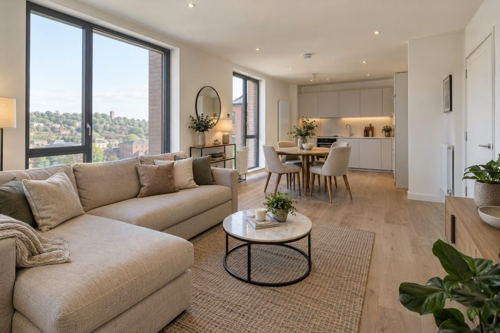 Living room in a 2020s apartment, open-plan, pale and bright